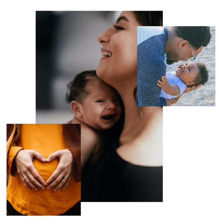 A women smiling with a baby on her chest, a pregnant lady holding her tummy and a man holding his baby.