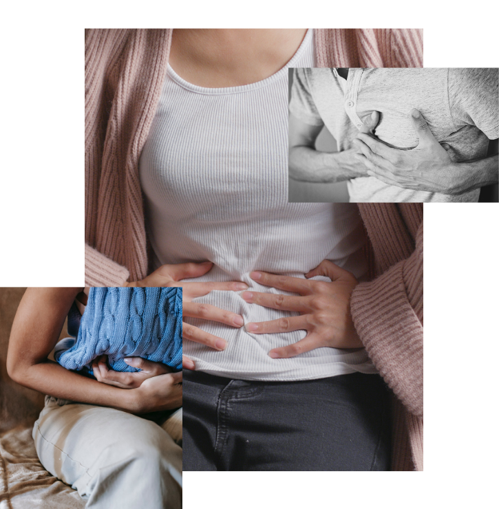 Three people holding their stomachs and chests indicating irritable bowel syndrome and indigestion.