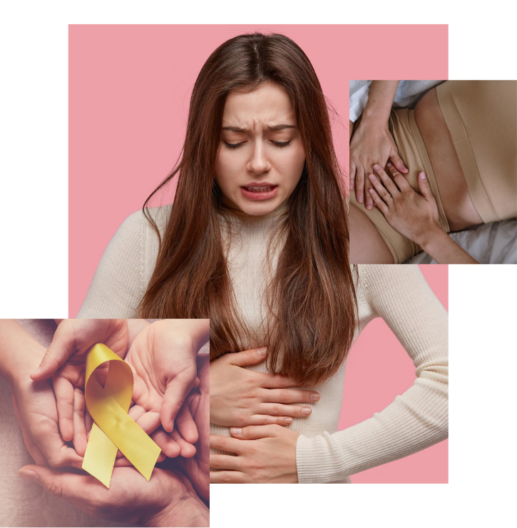 A female clutching her lower abdomen, two hands holding a yellow endometriosis ribbon, and a female rubbing her low abdomen.