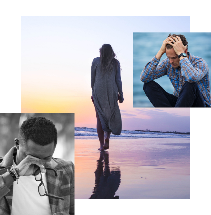 A man wiping away tears, a man with his head in his hands, sat down, and a lady walking by herself on the beach with her head down, all indicating depression.