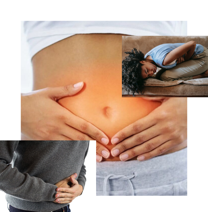 Three people doubled up with stomach pain, indicating a leaky gut, and indigestion.