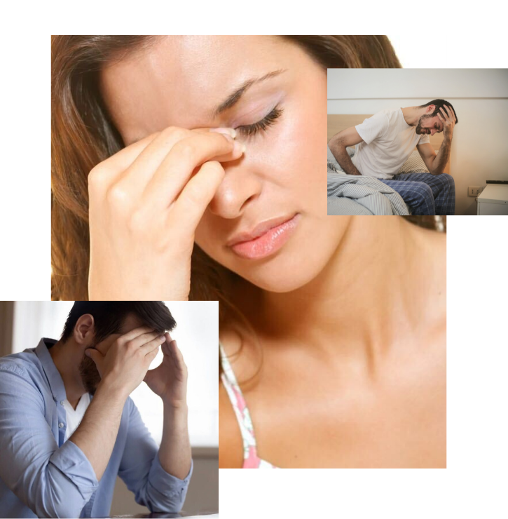 Three interlocked images show two men and one woman holding their heads to indicate headaches and migraines.