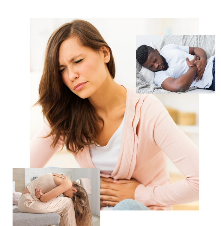 Two females and a male, clutching their stomachs with inflammatory bowel diseases - Crohn's, colitis, diverticulitis...