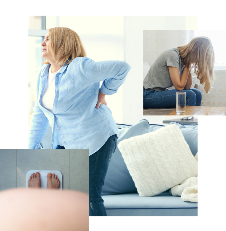 A middle aged woman holding her back, in pain, a younger female sat with her head hanging down, looking depressed, and a bird's eye view of a man's stomach protruding, while he is stood on some weighing scales, all indicating chronic inflammatory conditions.